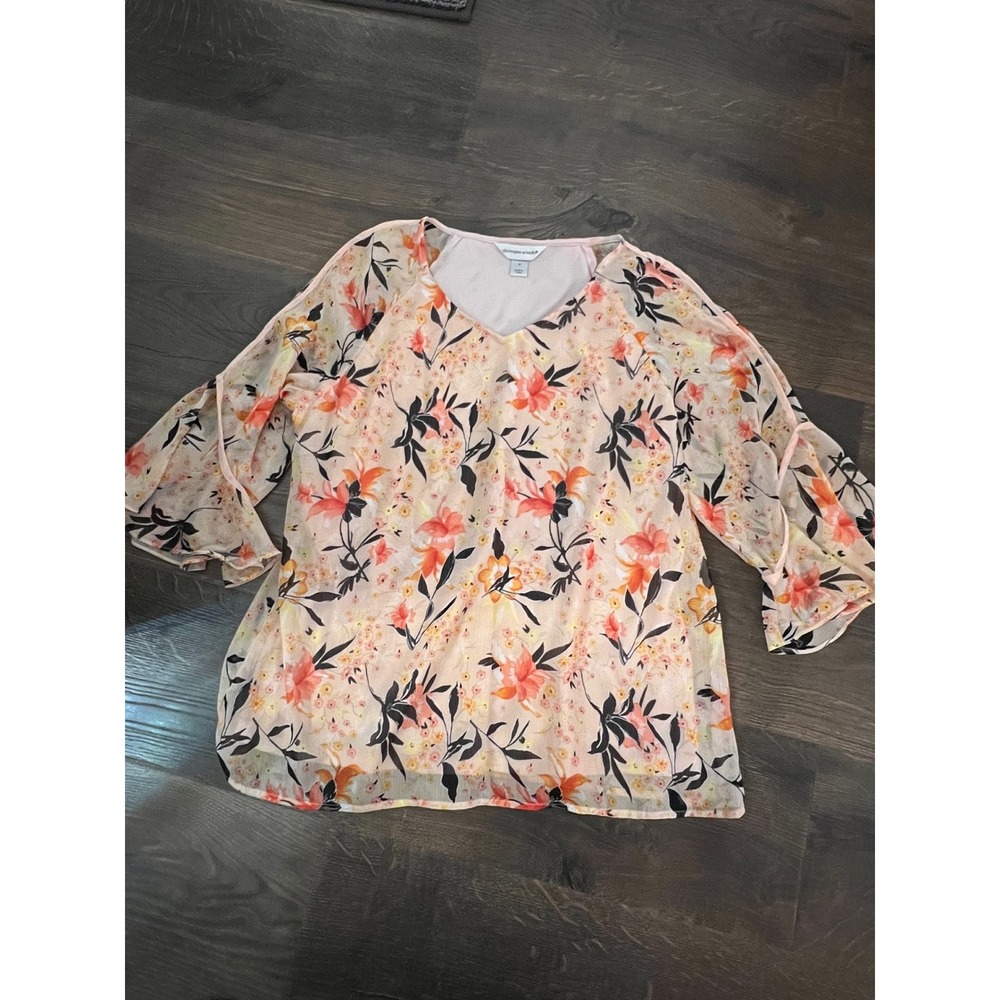 Christopher & Banks Womens Pink‎ Floral Chiffon Tiered Bell Sleeve Blouse Size M